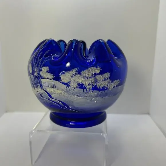 Fenton Inverted Ruffle Rose Bowl Cobalt Winter Scene Hand Painted GD Wright - Picture 4 of 9